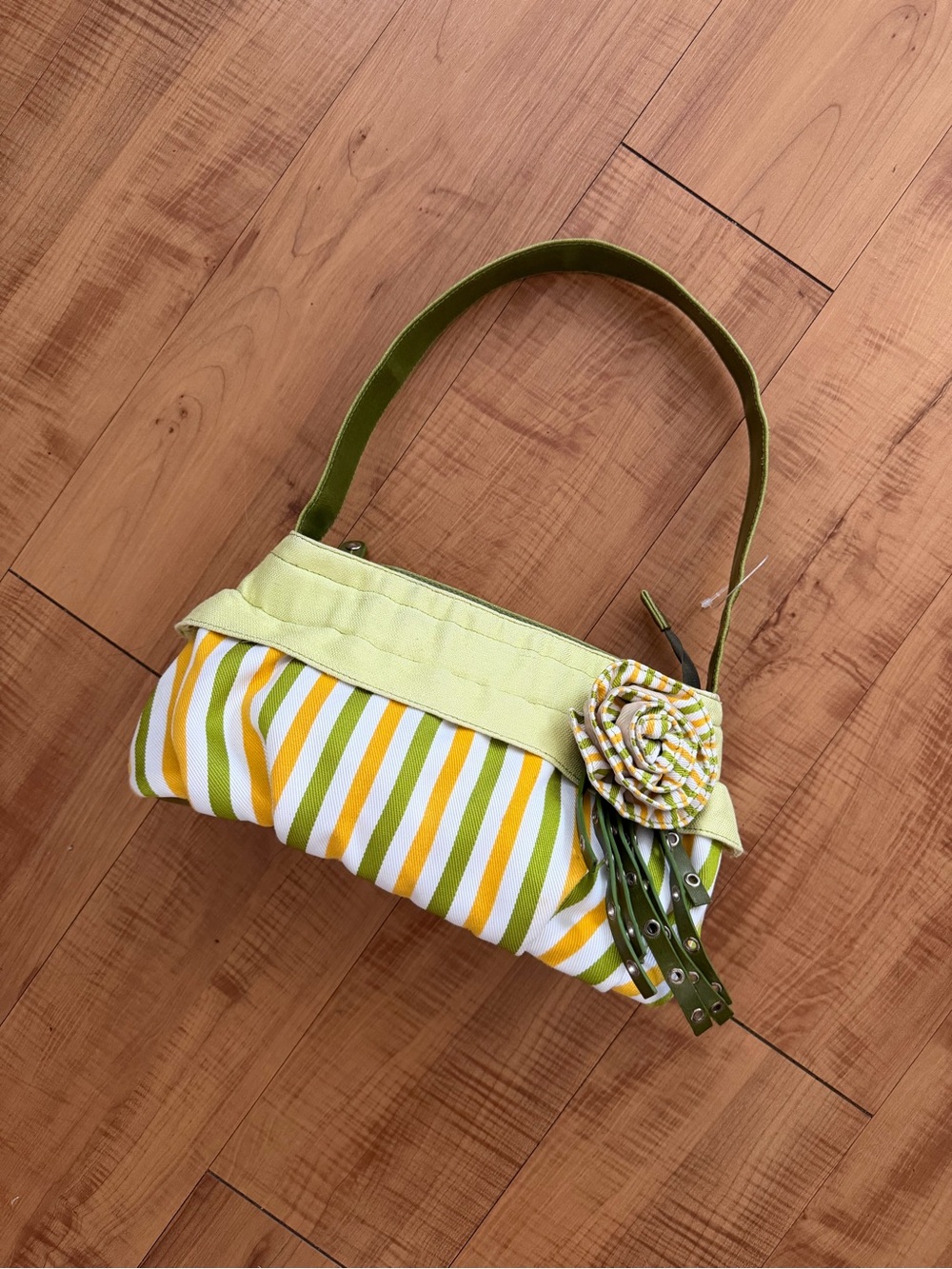 Green & Yellow Striped Floral Accent Shoulder Bag Y2K Brand New Vintage